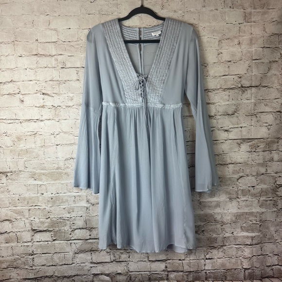 Anthropologie Ghost London Belled Gray Blue Peasant Boho Dress Tie Button Small - Picture 1 of 10